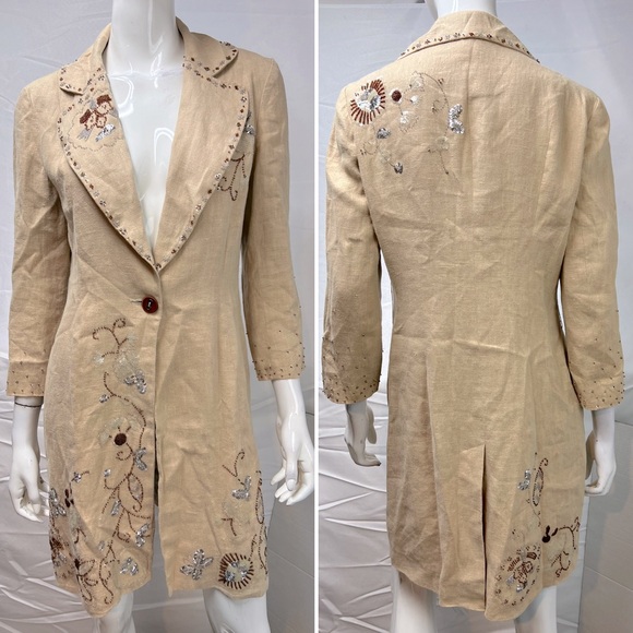 bebe Jackets & Blazers - Bebe Vintage Y2K Women's S Beige Linen Beaded Sequins Long Single Button Jacket